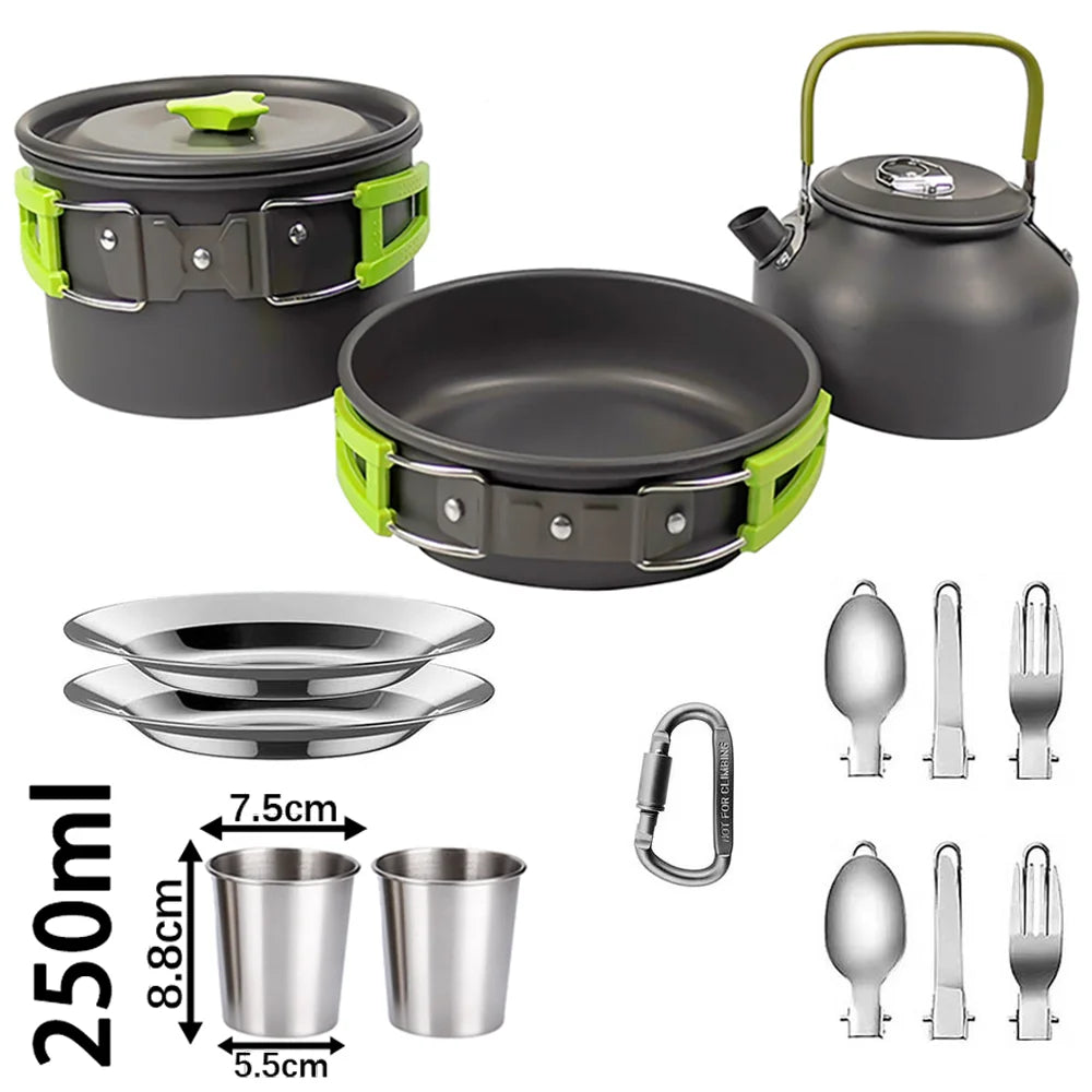 Camping Cookware Set – Non-Stick Cooking Pots, Teapot, Tableware for 2-3 People
