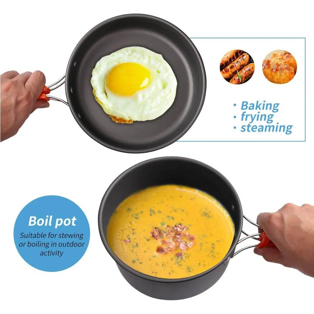 Camping Cookware Set – Non-Stick Cooking Pots, Teapot, Tableware for 2-3 People