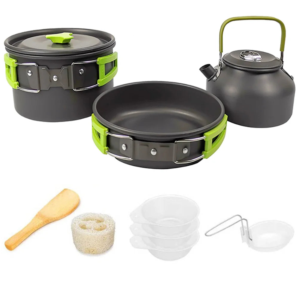 Camping Cookware Set – Non-Stick Cooking Pots, Teapot, Tableware for 2-3 People