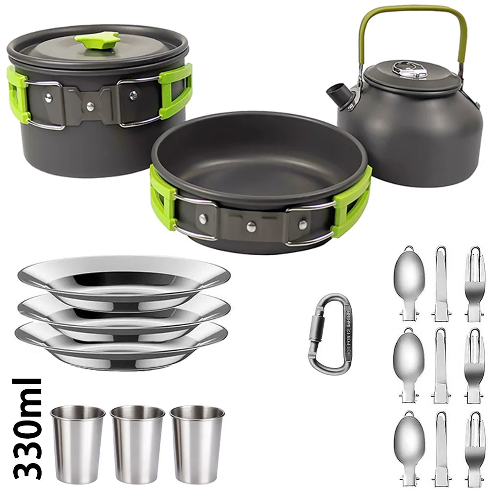 Camping Cookware Set – Non-Stick Cooking Pots, Teapot, Tableware for 2-3 People