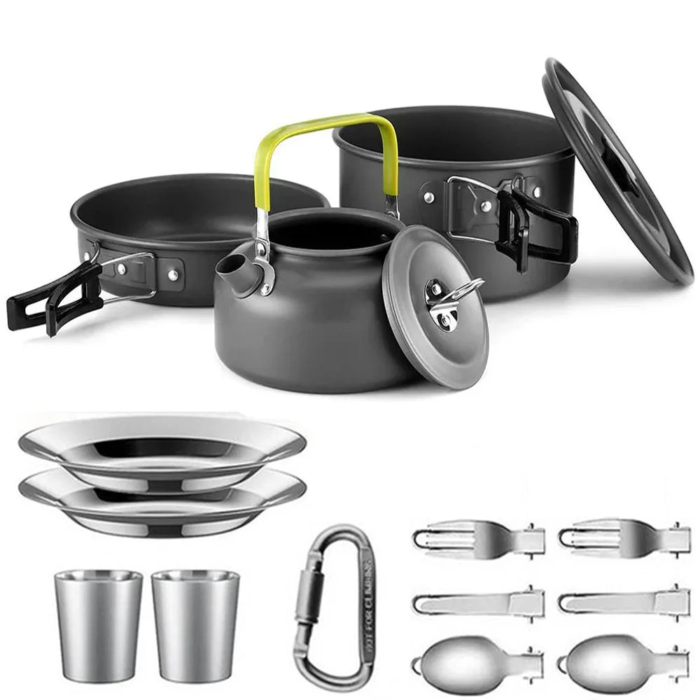 Camping Cookware Set – Non-Stick Cooking Pots, Teapot, Tableware for 2-3 People