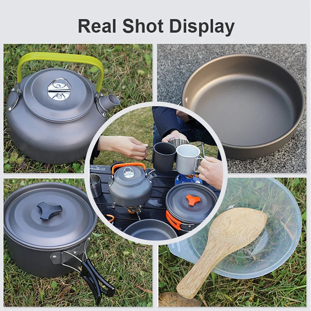 Camping Cookware Set – Non-Stick Cooking Pots, Teapot, Tableware for 2-3 People