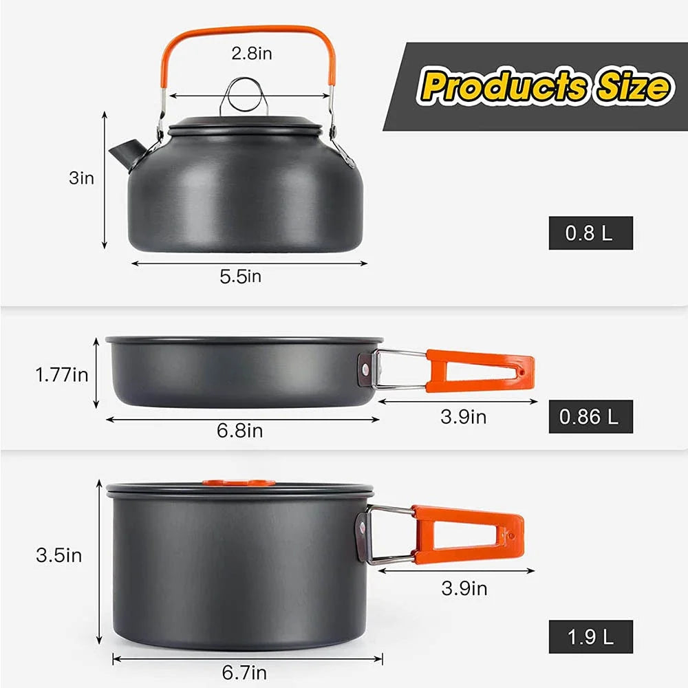 Camping Cookware Set – Non-Stick Cooking Pots, Teapot, Tableware for 2-3 People