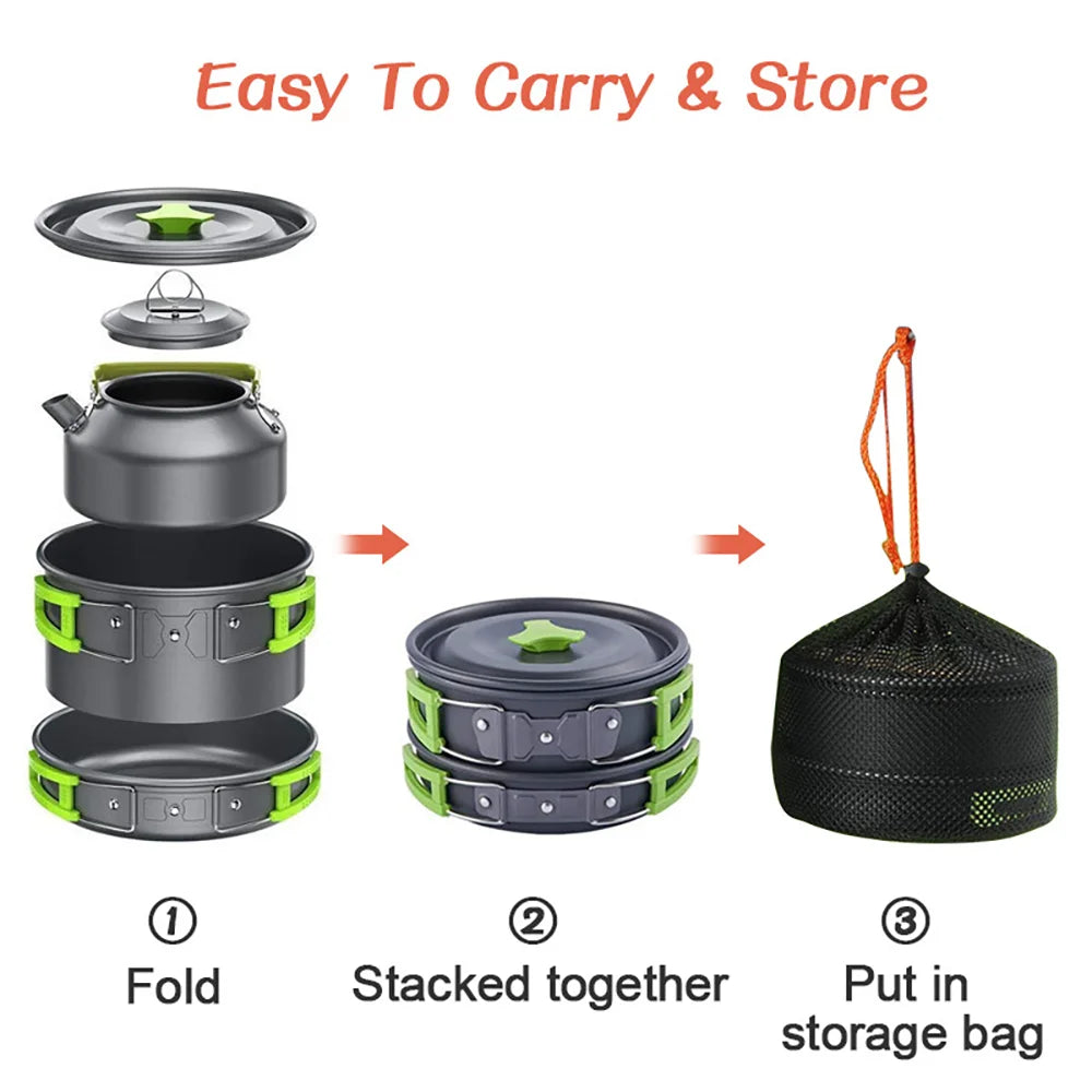 Camping Cookware Set – Non-Stick Cooking Pots, Teapot, Tableware for 2-3 People