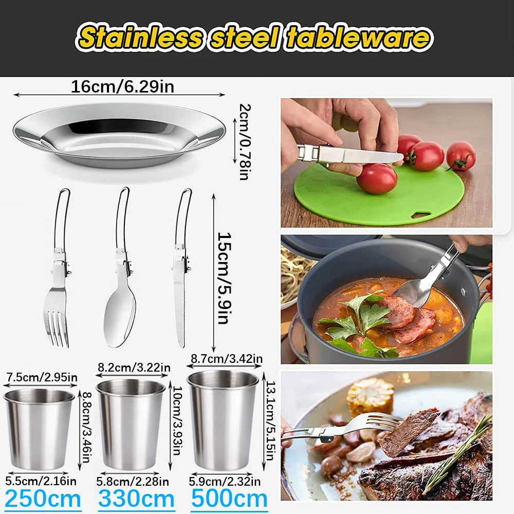Camping Cookware Set – Non-Stick Cooking Pots, Teapot, Tableware for 2-3 People