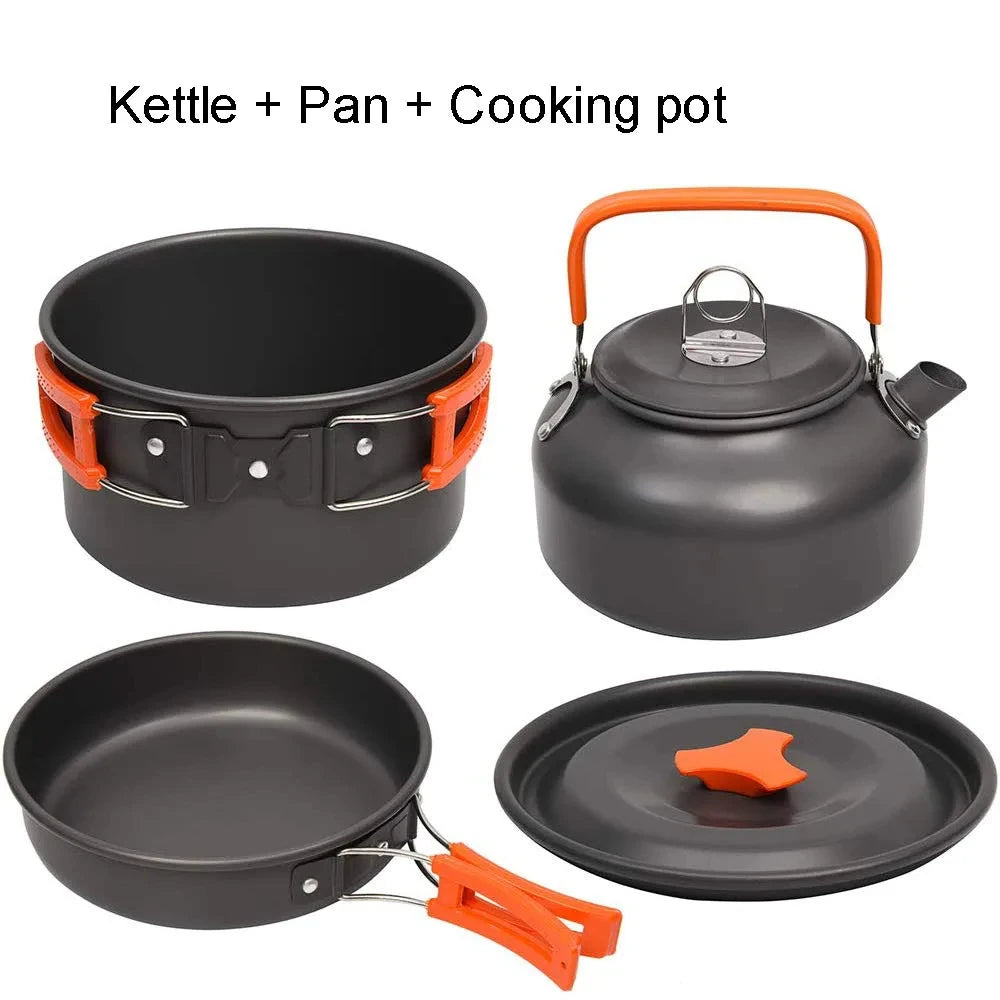 Camping Cookware Set – Non-Stick Cooking Pots, Teapot, Tableware for 2-3 People