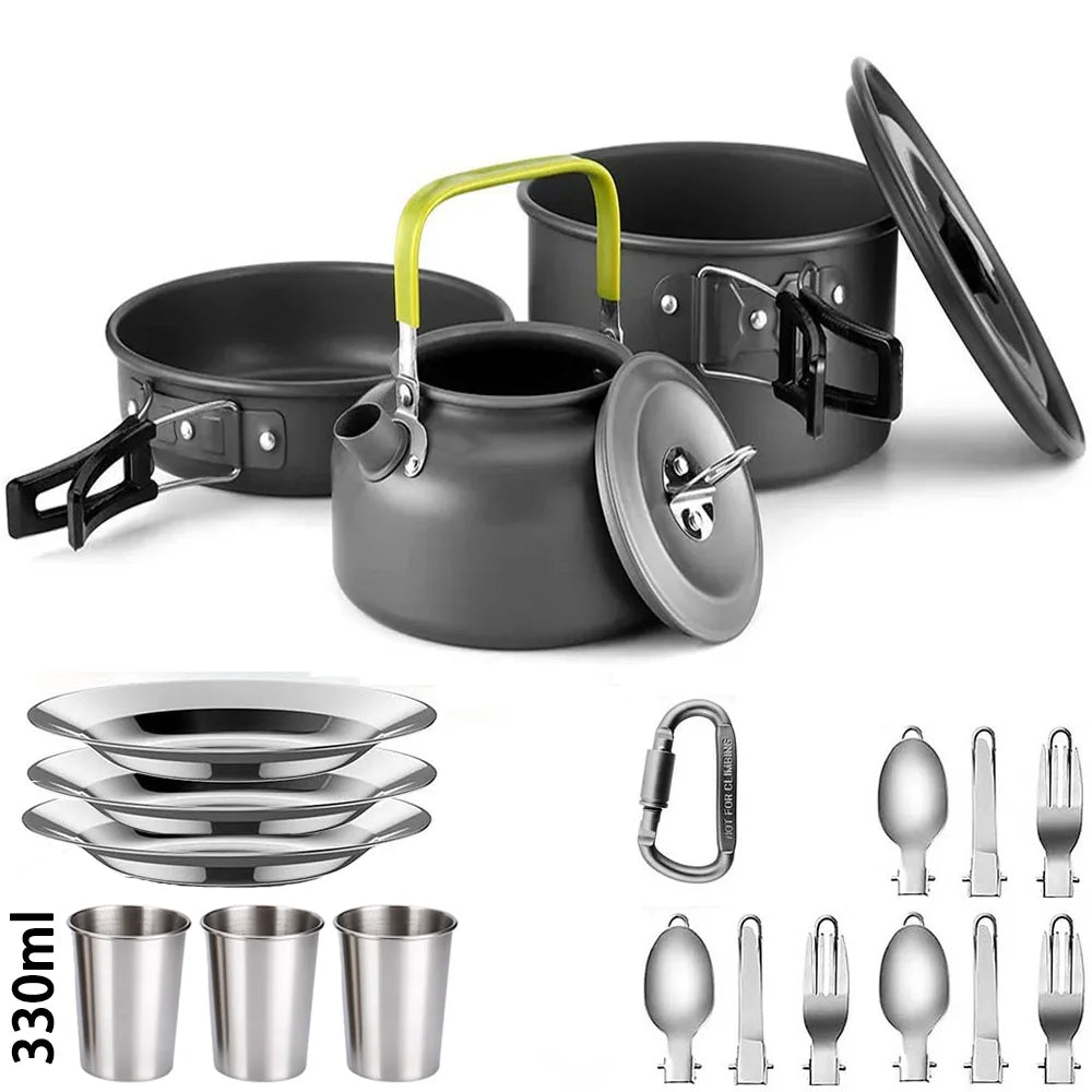 Camping Cookware Set – Non-Stick Cooking Pots, Teapot, Tableware for 2-3 People