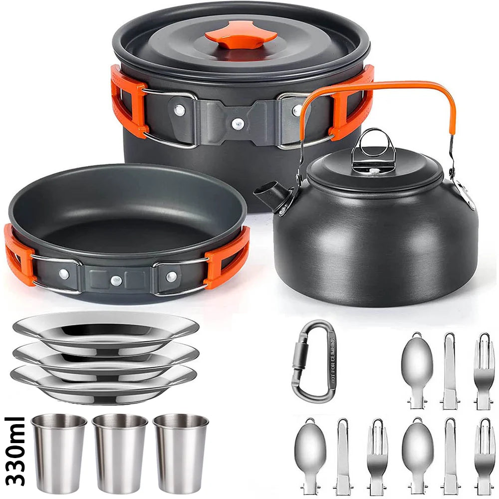 Camping Cookware Set – Non-Stick Cooking Pots, Teapot, Tableware for 2-3 People