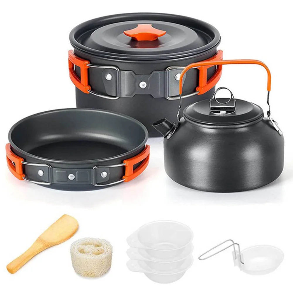 Camping Cookware Set – Non-Stick Cooking Pots, Teapot, Tableware for 2-3 People
