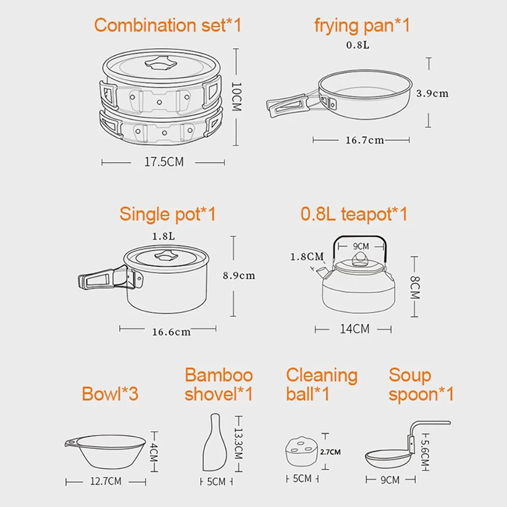 Camping Cookware Set – Non-Stick Cooking Pots, Teapot, Tableware for 2-3 People