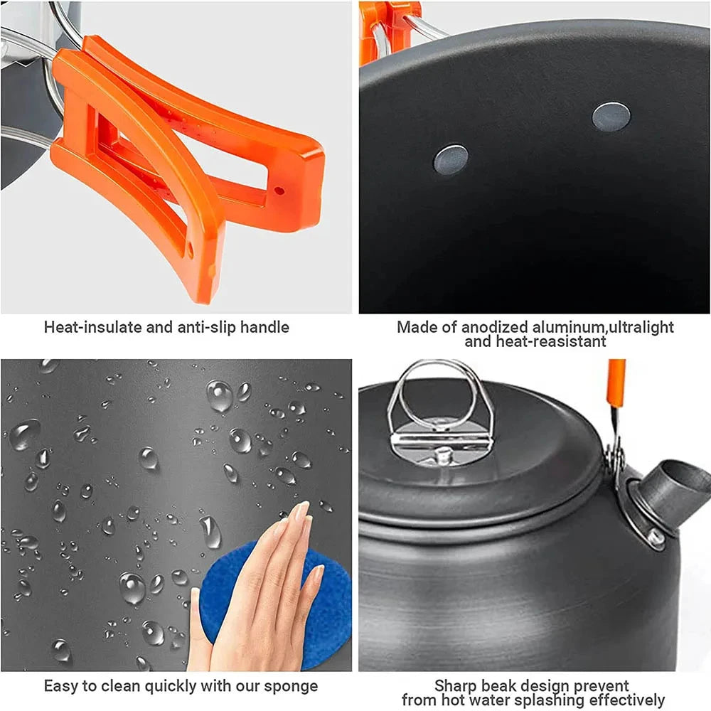 Camping Cookware Set – Non-Stick Cooking Pots, Teapot, Tableware for 2-3 People