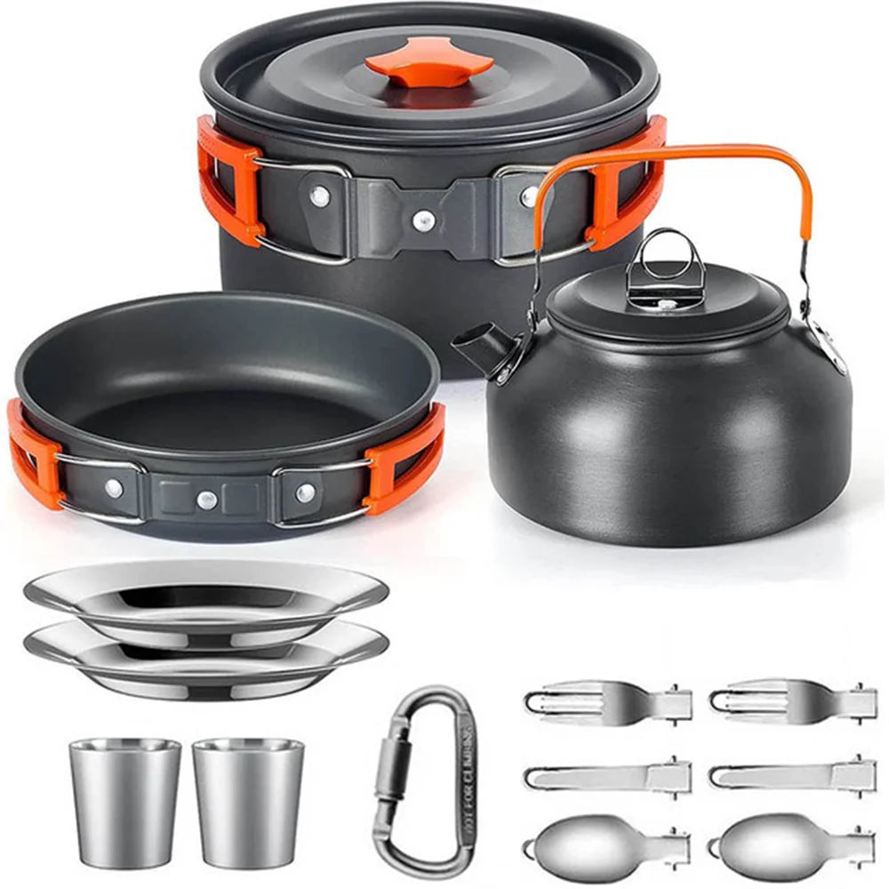 Camping Cookware Set – Non-Stick Cooking Pots, Teapot, Tableware for 2-3 People