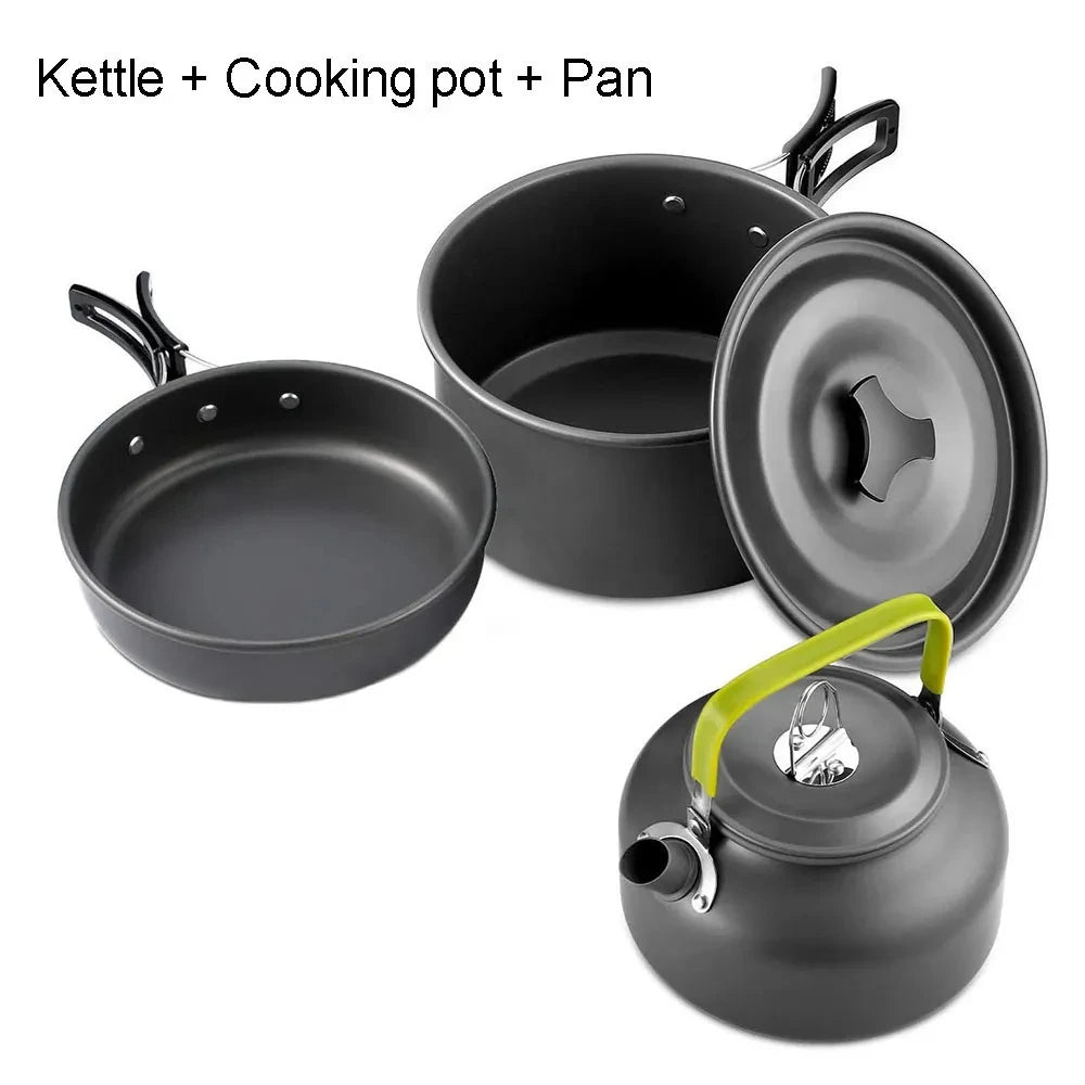 Camping Cookware Set – Non-Stick Cooking Pots, Teapot, Tableware for 2-3 People