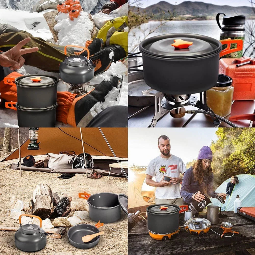 Camping Cookware Set – Non-Stick Cooking Pots, Teapot, Tableware for 2-3 People