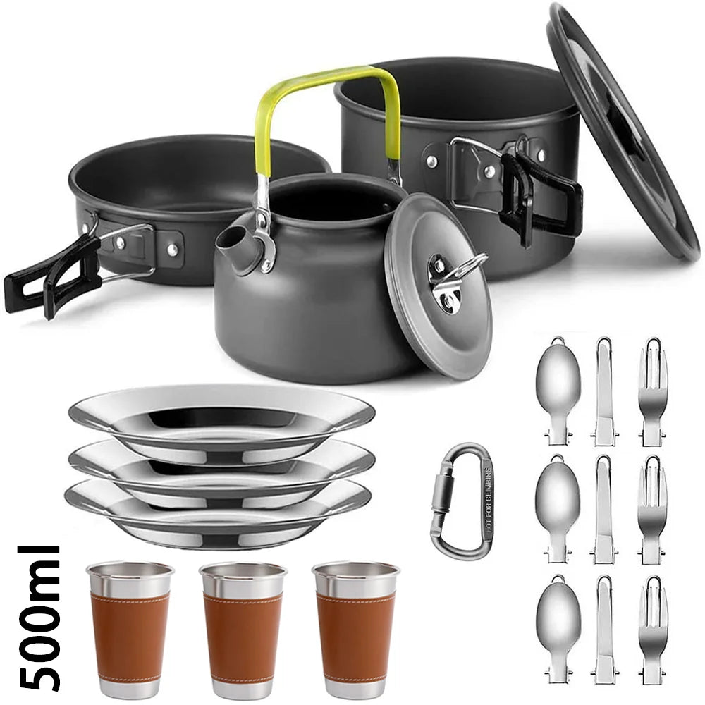 Camping Cookware Set – Non-Stick Cooking Pots, Teapot, Tableware for 2-3 People