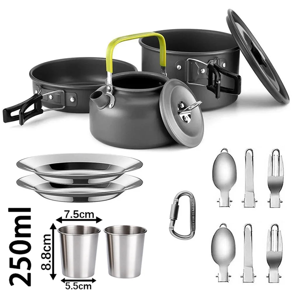 Camping Cookware Set – Non-Stick Cooking Pots, Teapot, Tableware for 2-3 People