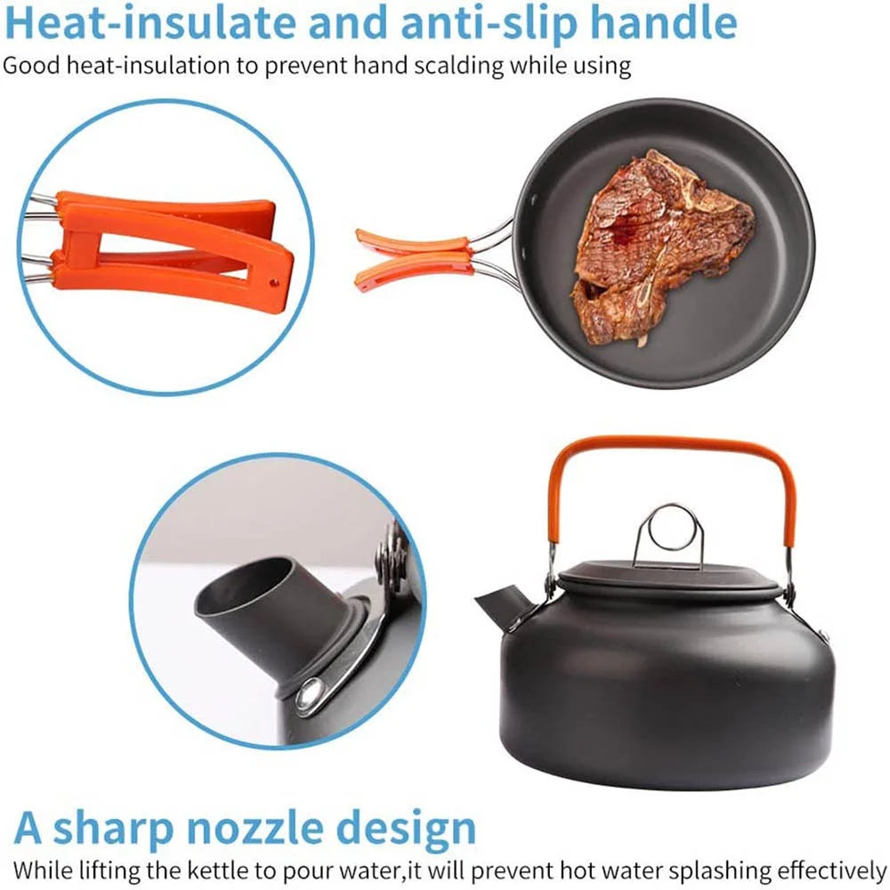 Camping Cookware Set – Non-Stick Cooking Pots, Teapot, Tableware for 2-3 People
