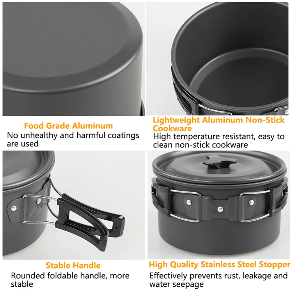 Camping Cookware Set – Non-Stick Cooking Pots, Teapot, Tableware for 2-3 People