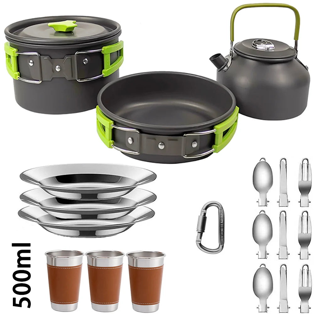 Camping Cookware Set – Non-Stick Cooking Pots, Teapot, Tableware for 2-3 People