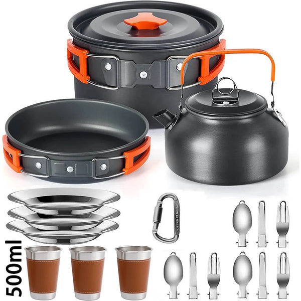 Camping Cookware Set – Non-Stick Cooking Pots, Teapot, Tableware for 2-3 People