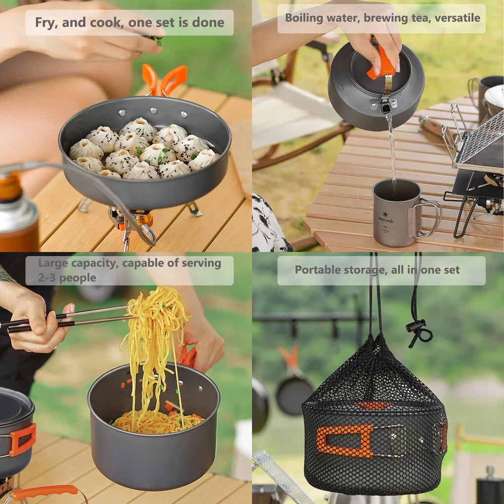 Camping Cookware Set – Non-Stick Cooking Pots, Teapot, Tableware for 2-3 People