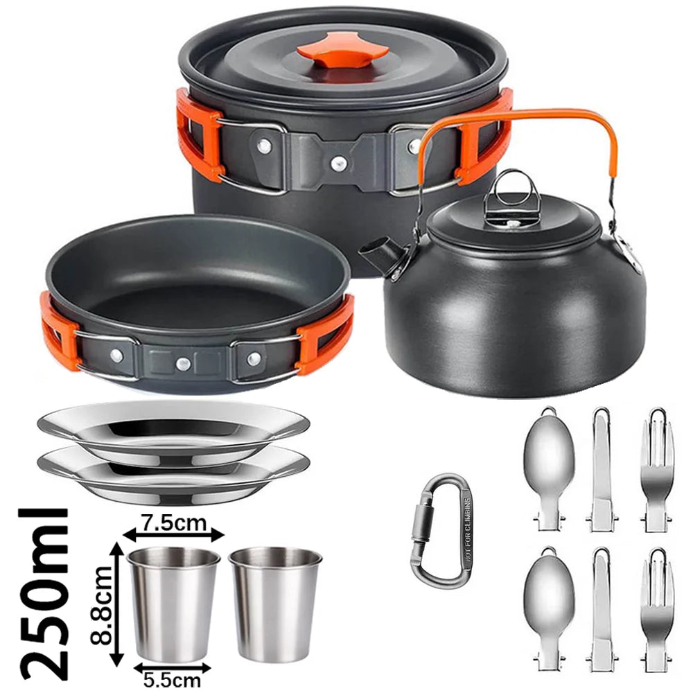 Camping Cookware Set – Non-Stick Cooking Pots, Teapot, Tableware for 2-3 People