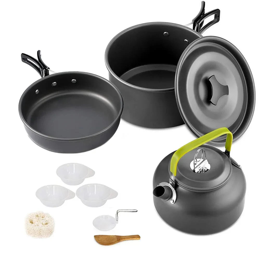 Camping Cookware Set – Non-Stick Cooking Pots, Teapot, Tableware for 2-3 People