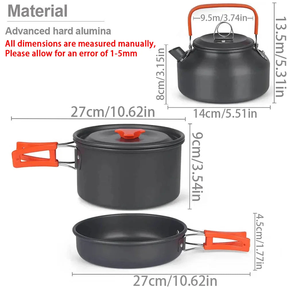 Camping Cookware Set – Non-Stick Cooking Pots, Teapot, Tableware for 2-3 People